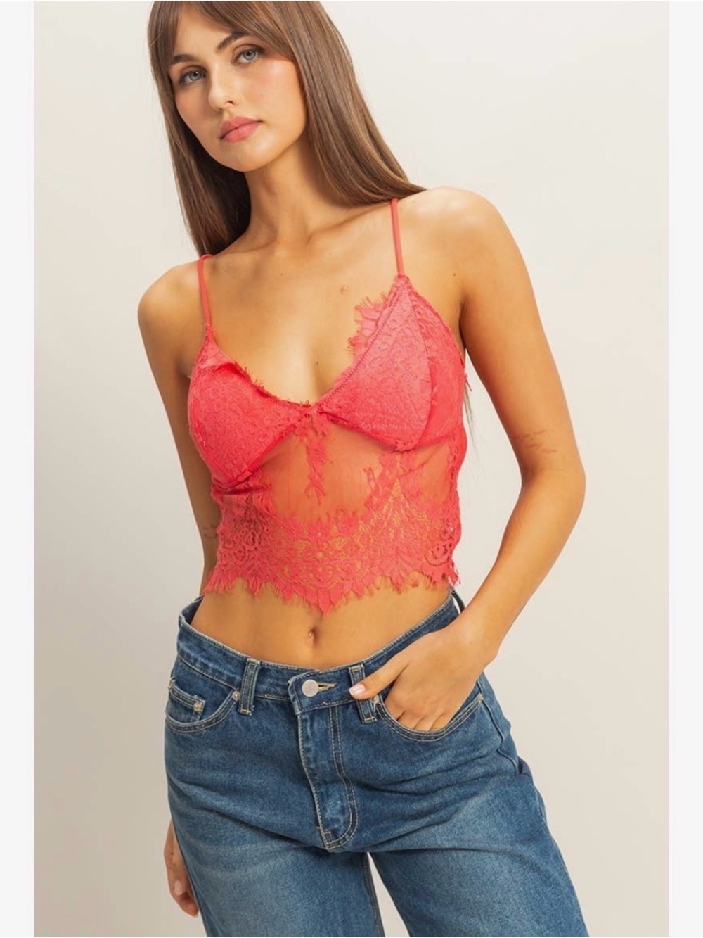 HYFVE Coral Lace Sheer Cropped Cami